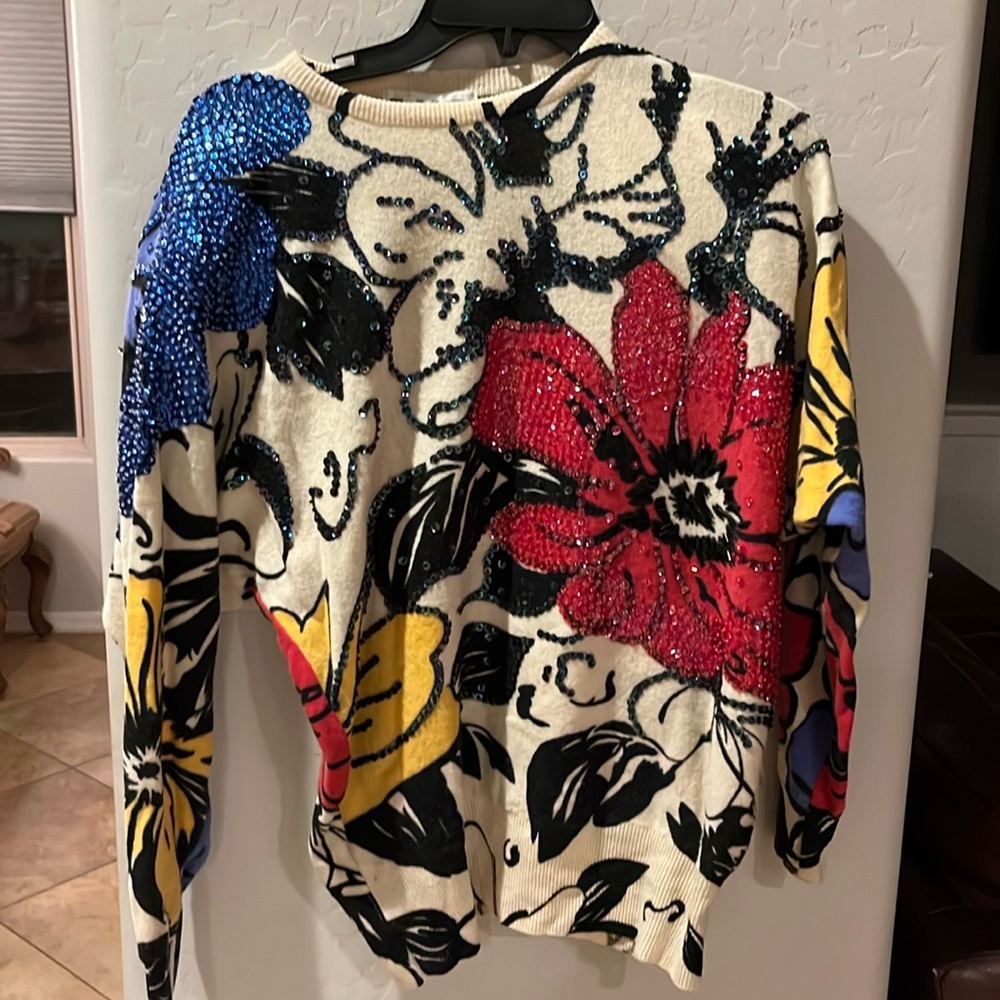 Vintage E.M.T. Sweater Womens l Multi Color Sequin Floral Lambs Wool Artistic